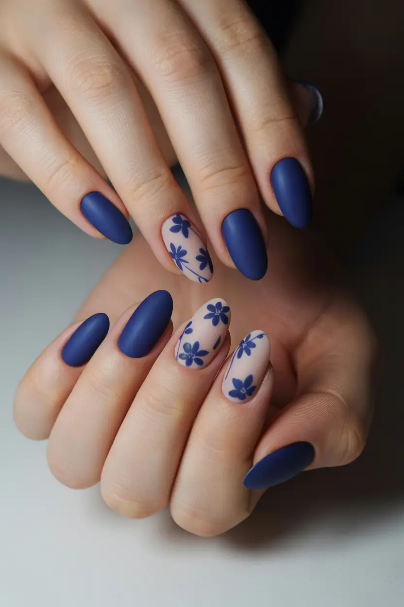 spring nail art Matte Blue Floral Elegance That Feels Fresh Again