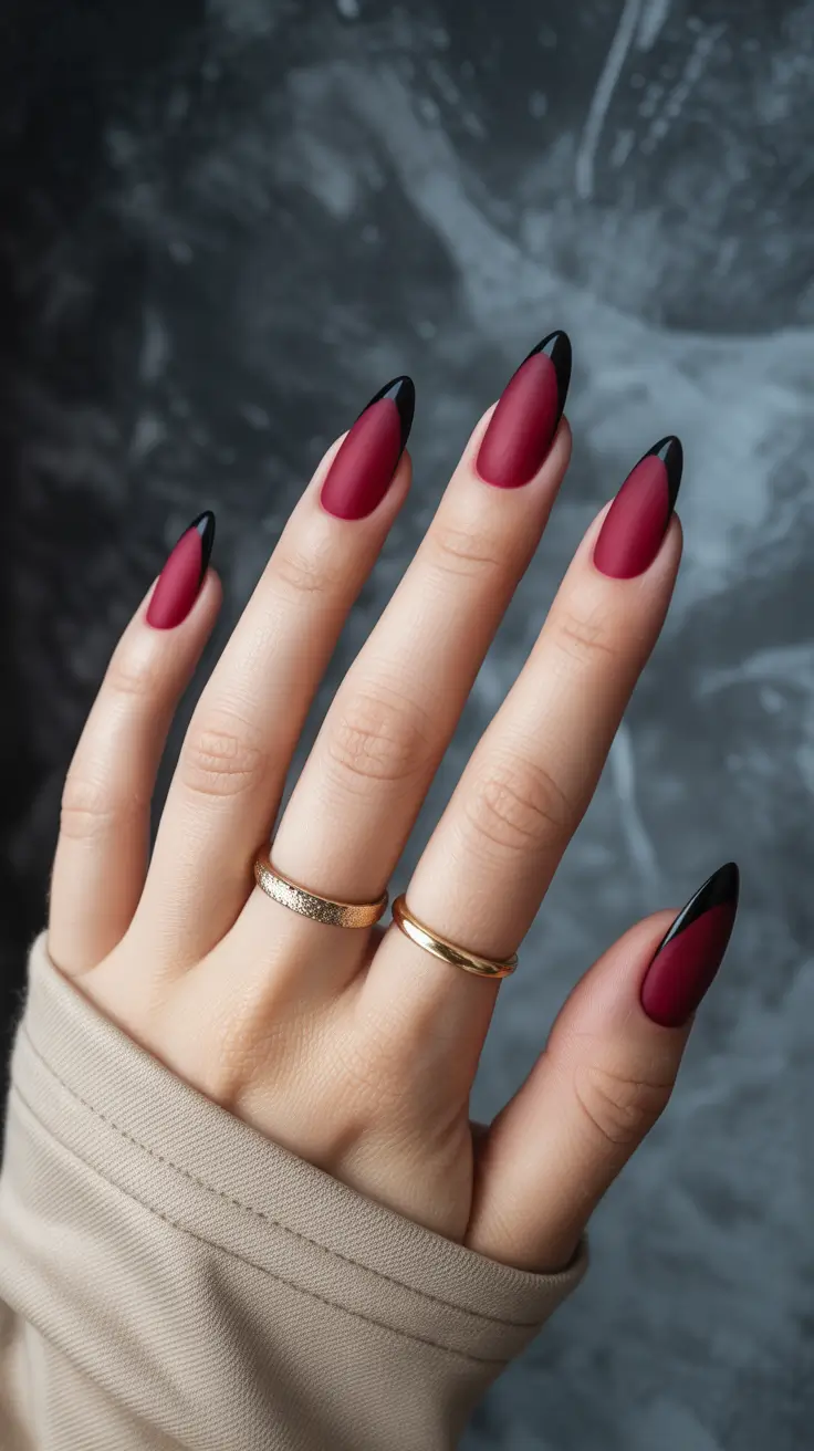 spring nail art Deep Berry Almond Nails with Graphic French Edges