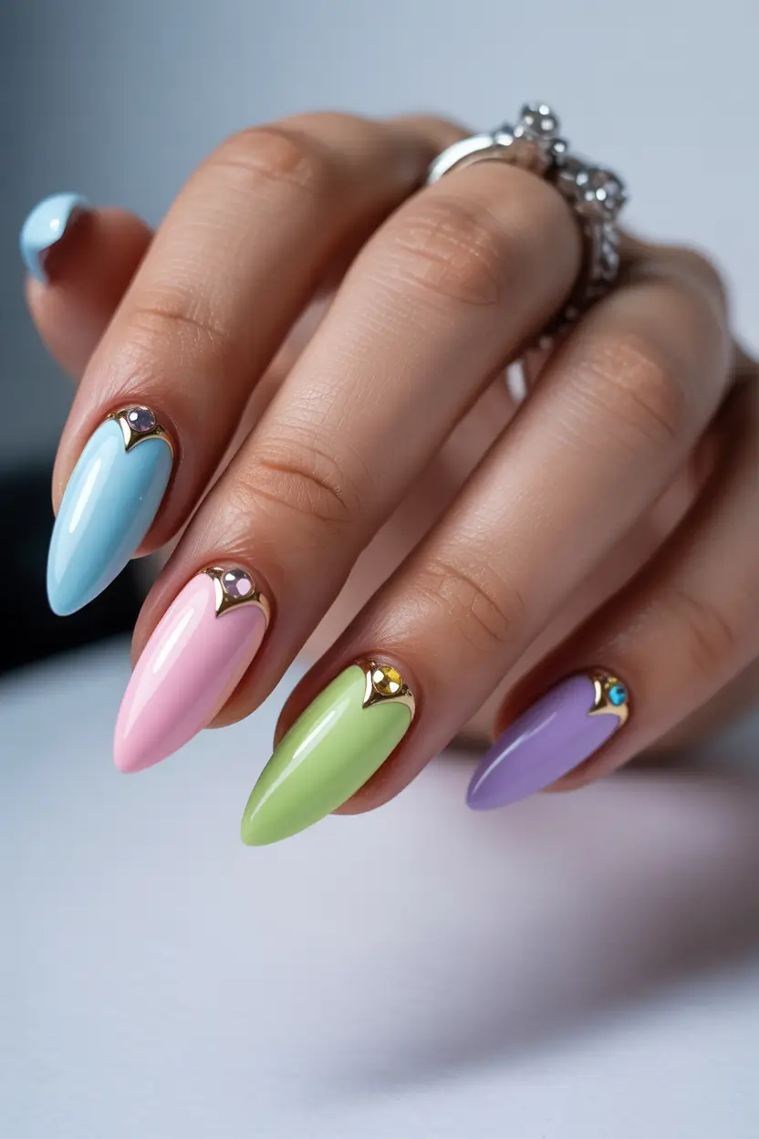 spring nail inspo Pastel Rainbow Almond Nails With Tiny Jewel Accents
