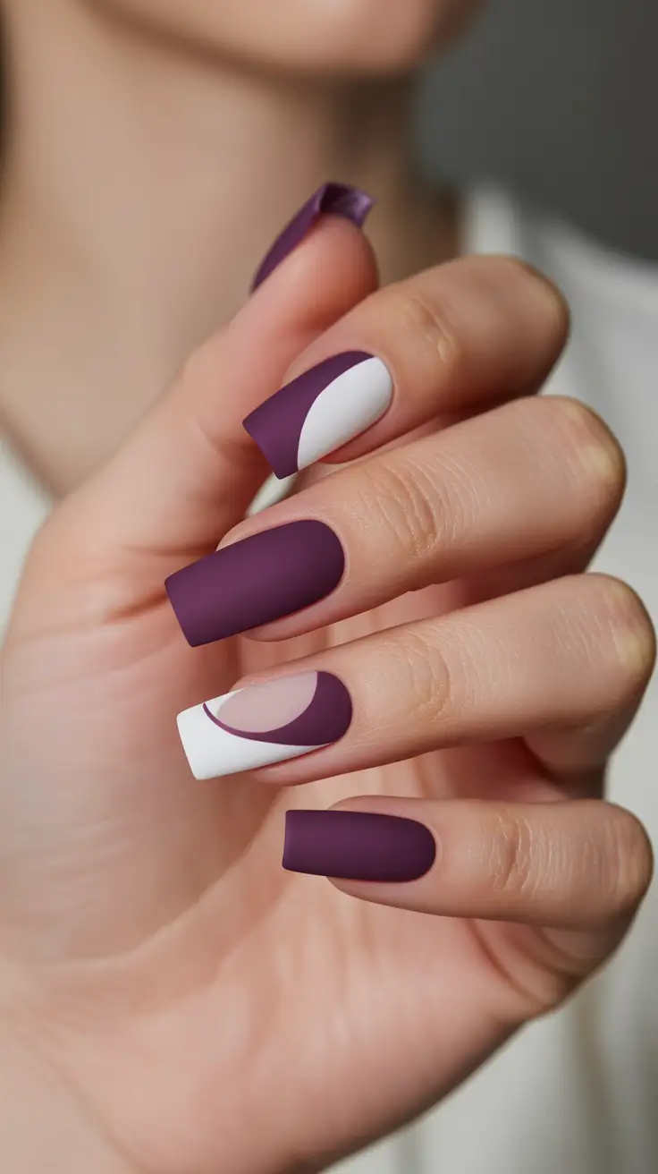 spring nail inspo Matte Plum Square Nails With Graphic White Waves