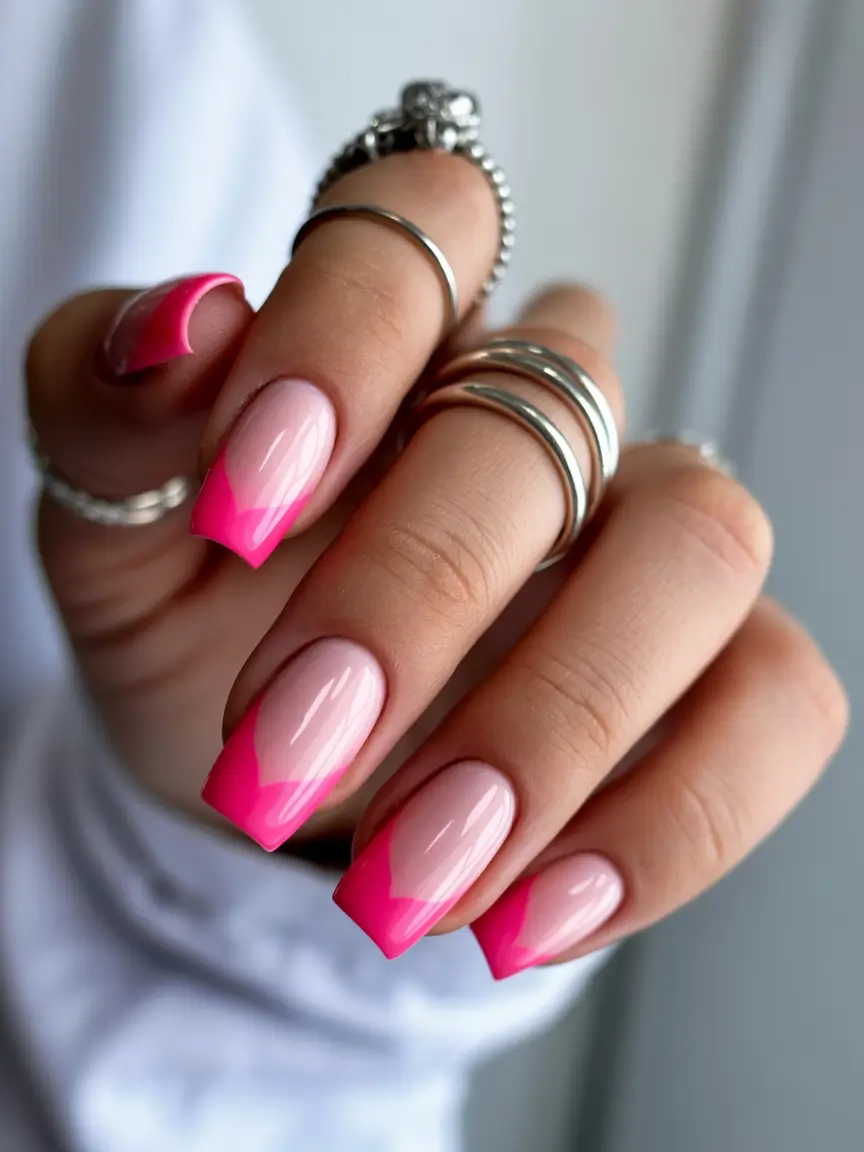 spring nail inspo Neon Pink Ombre Square Nails