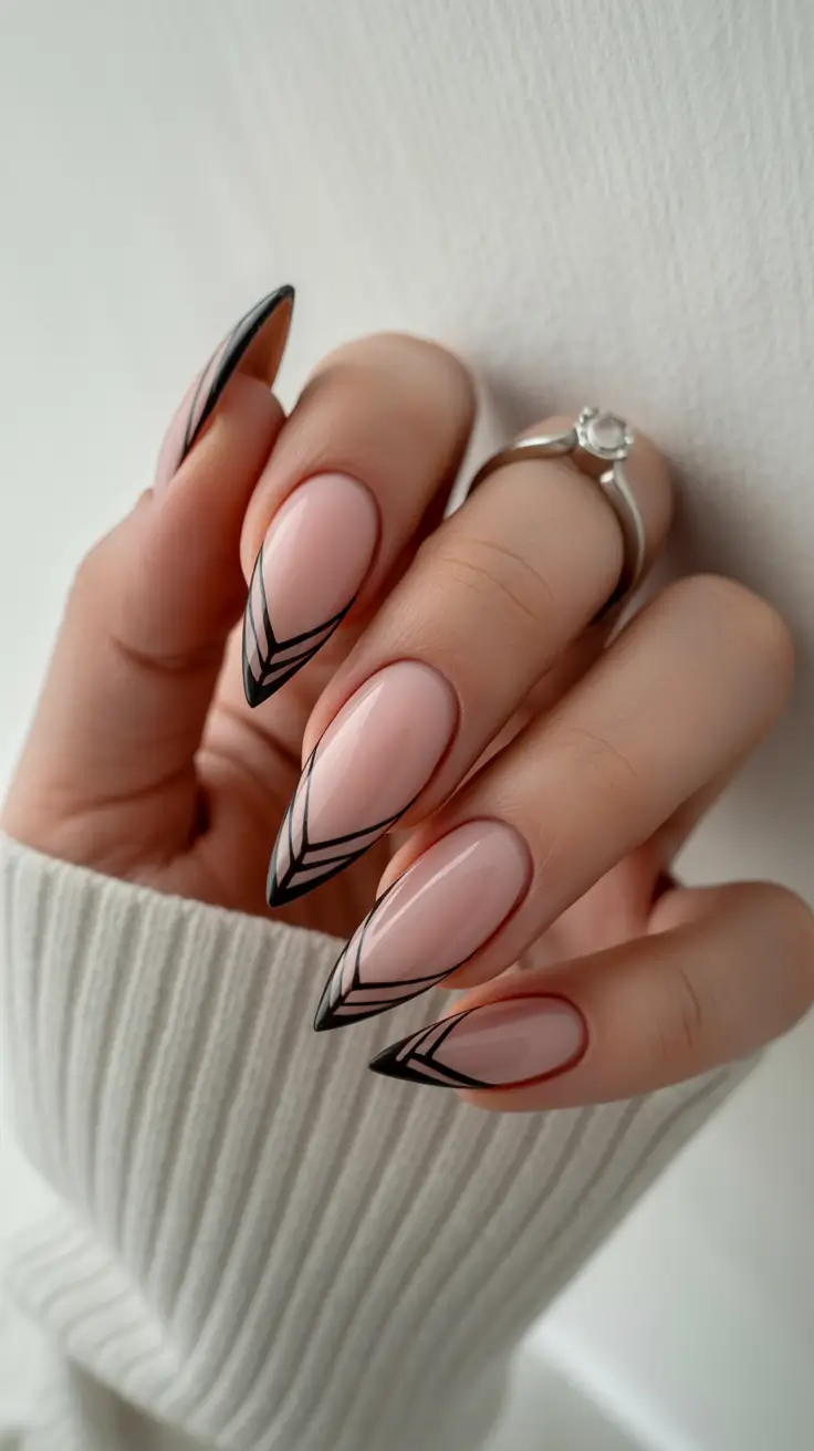 spring nail inspo Almond Nude Nails With Black Double French Detailing