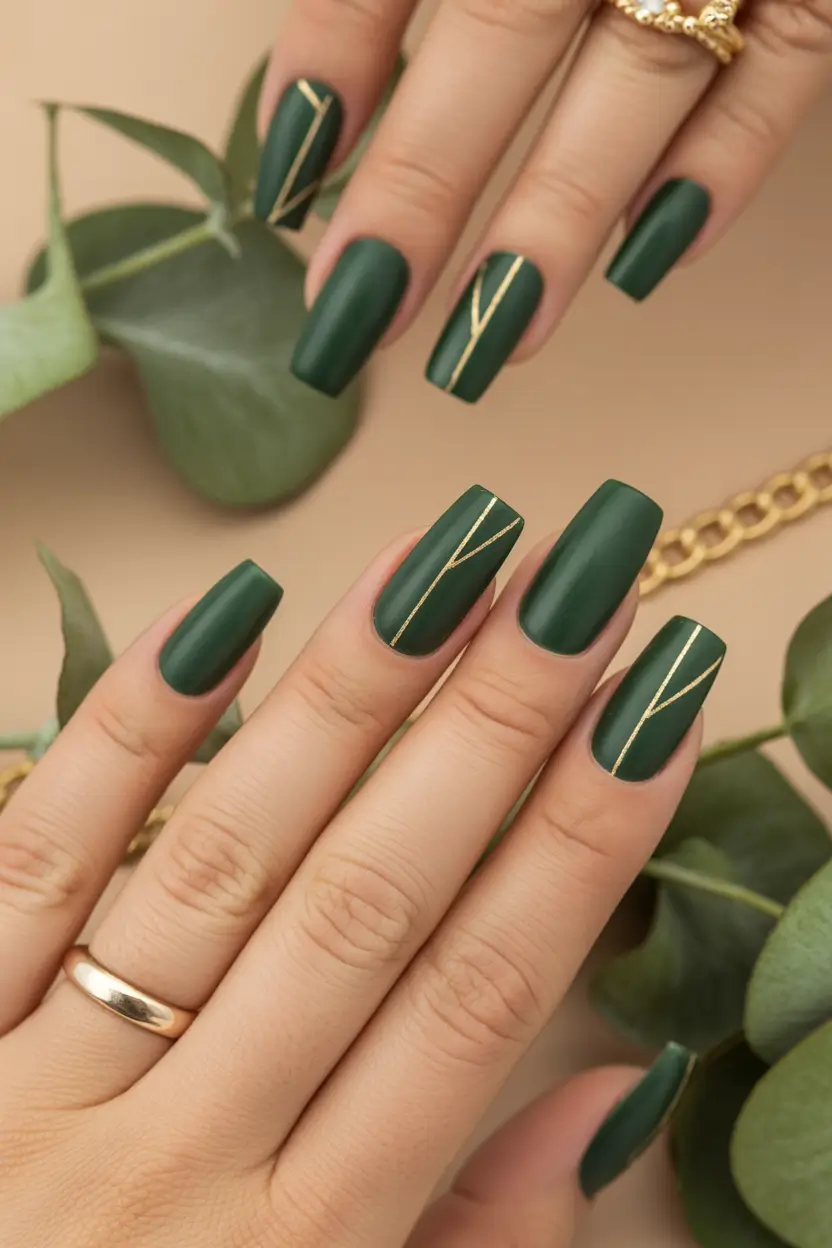 spring nail inspo Matte Emerald Square Nails With Gold Geometric Lines