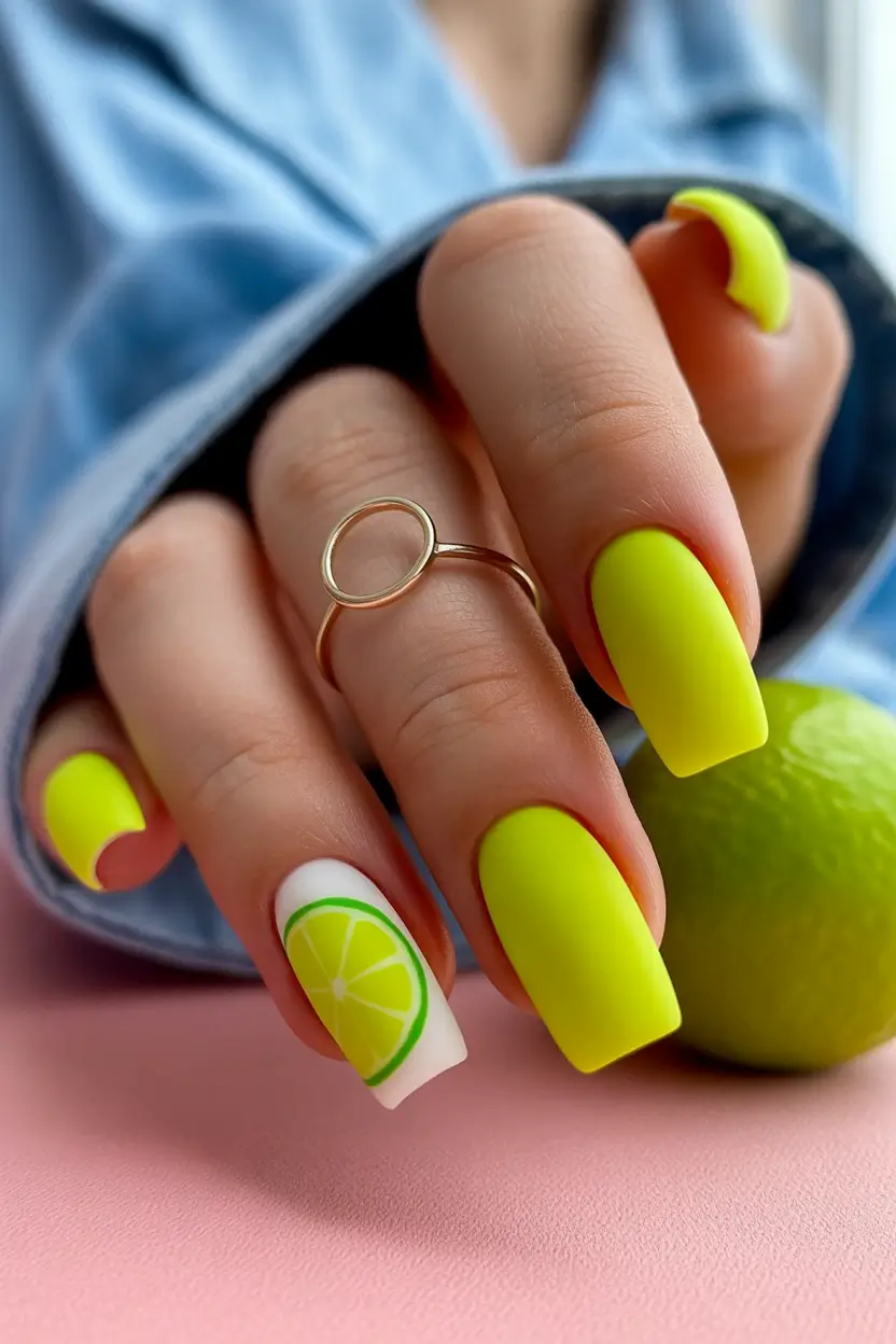 spring nail inspo Lime Yellow Square Nails With a Citrus Accent