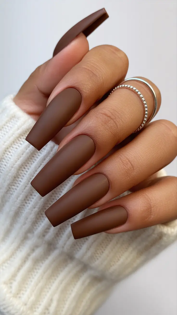 spring nail inspo Matte Chocolate Coffin Nails (The Unexpected Spring Neutral)