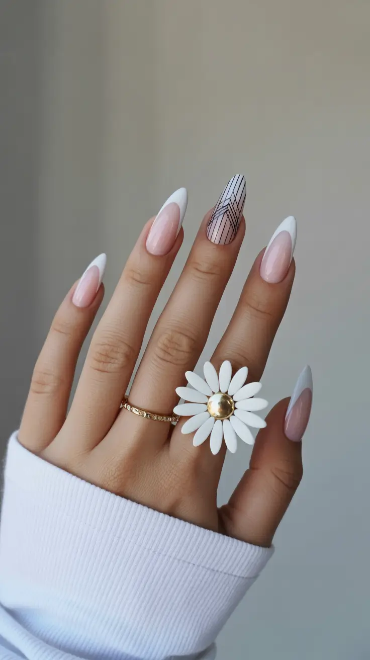 spring nail inspo Milky White Almond French With a Fine-Line Accent