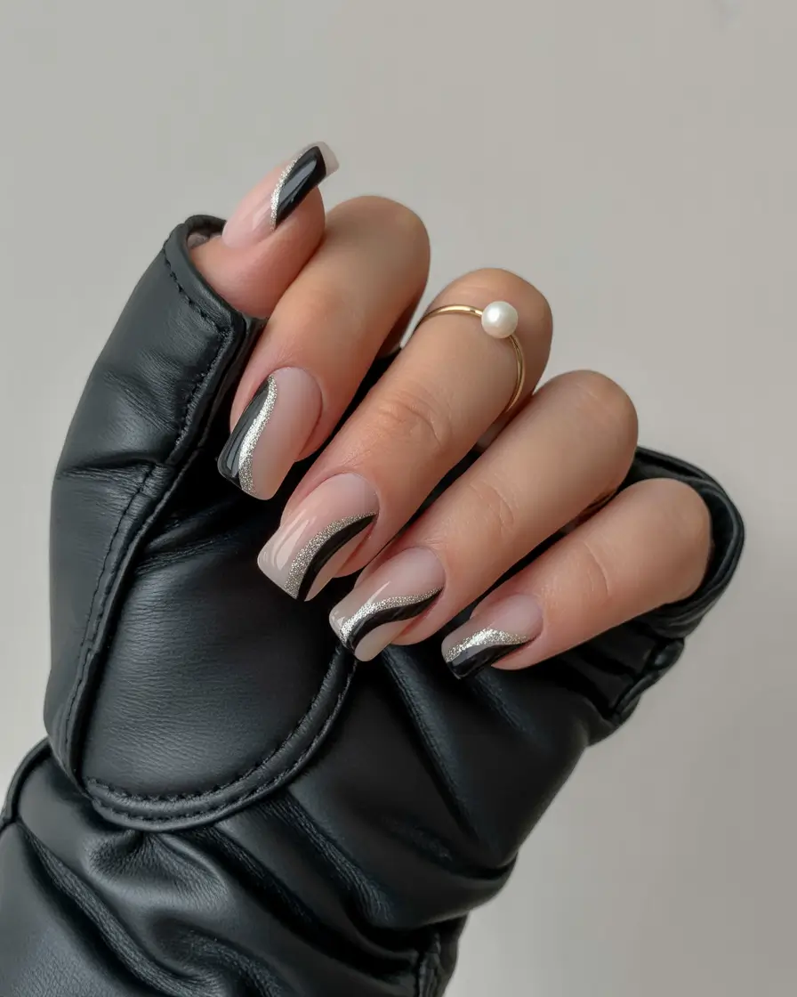 spring nail inspo Black and Silver Wave French on Nude Square Nails