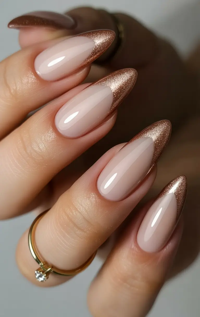 spring nail inspo Rose Gold Chrome French on Almond Nude Nails