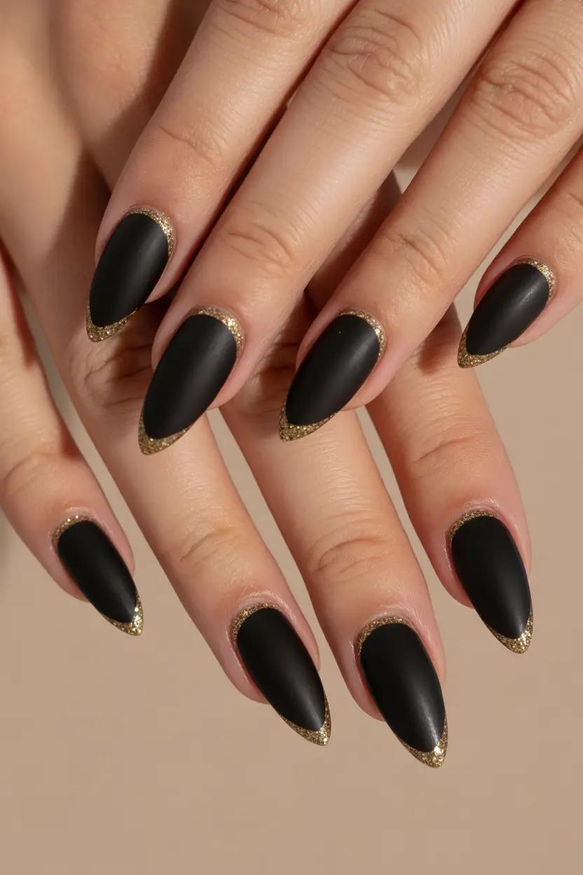 spring nail inspo Matte Black Almond Nails With Gold Cuticle Framing