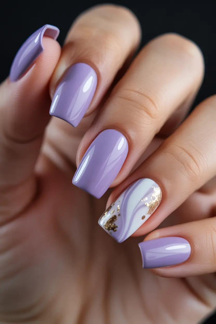 spring nail inspo Lavender Square Nails With Marble and Gold Foil Accent