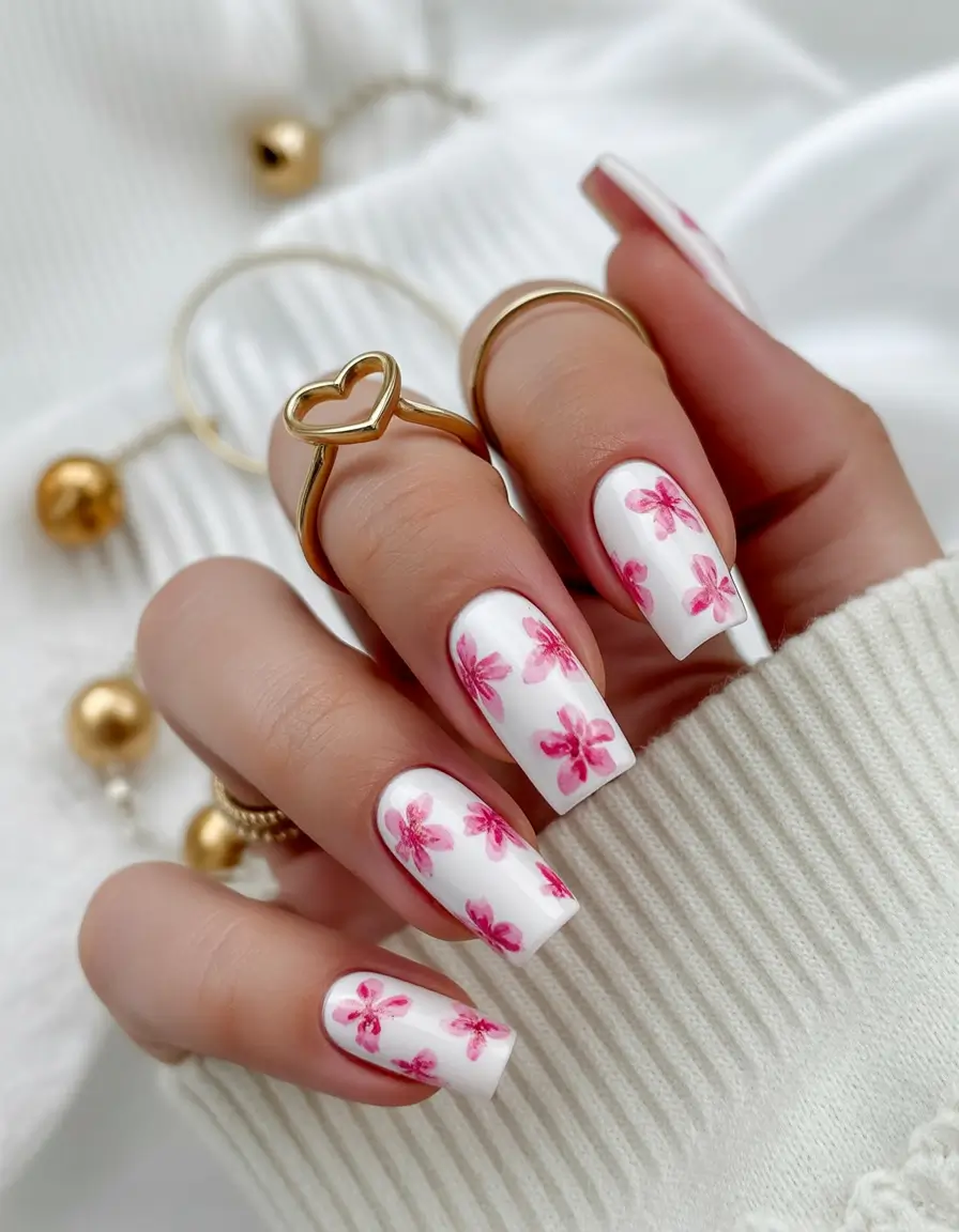 spring nail inspo Soft White Square Nails With Pink Blossoms (The Cute Spring Classic)