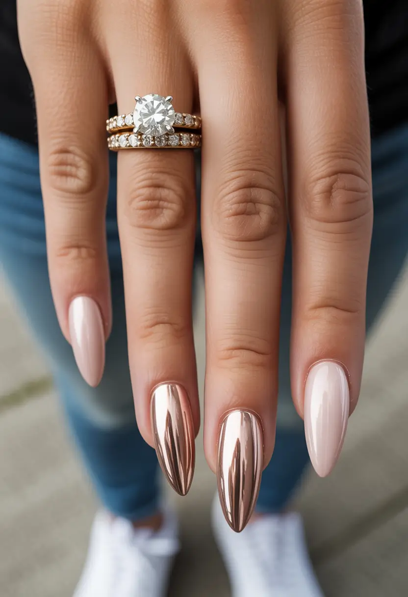 spring nail inspo Blush Almond Nails With Rose-Gold Chrome Accents