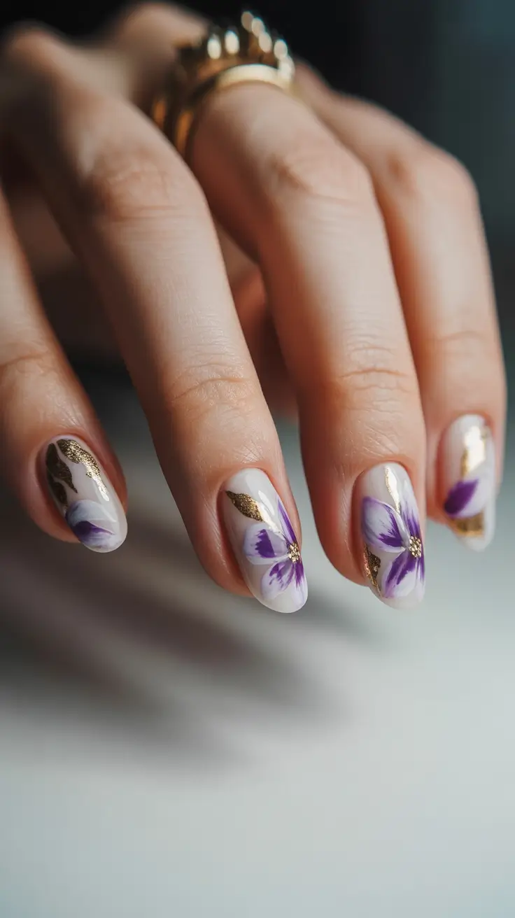 spring nail inspo Short Neutral Nails With Purple Florals and Gold Foil Details