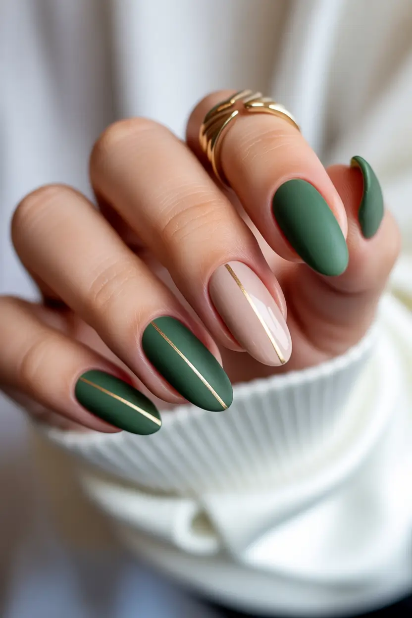 spring nail inspo Matte Forest Green Almond Nails With Gold Pinstripes