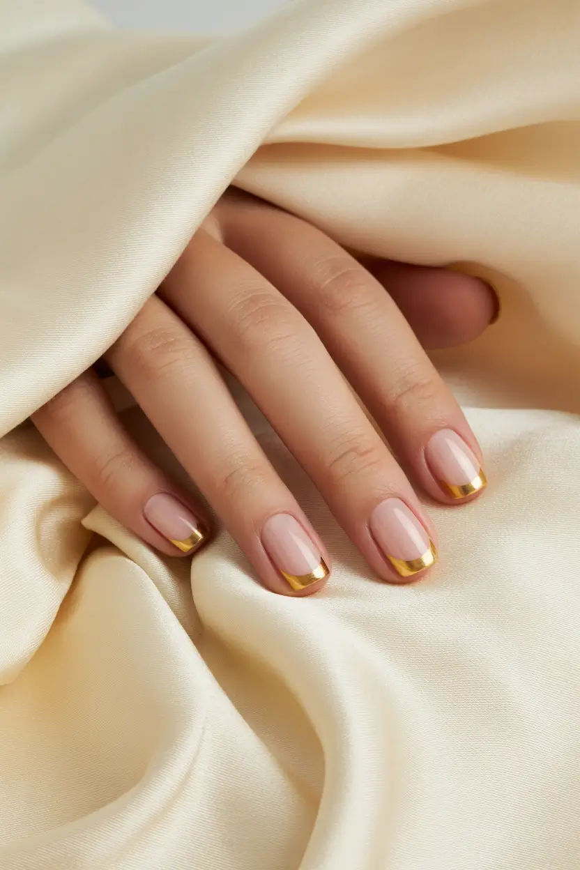 spring nail inspo Short Nude Nails With Gold French Tips (Minimalist and Polished)