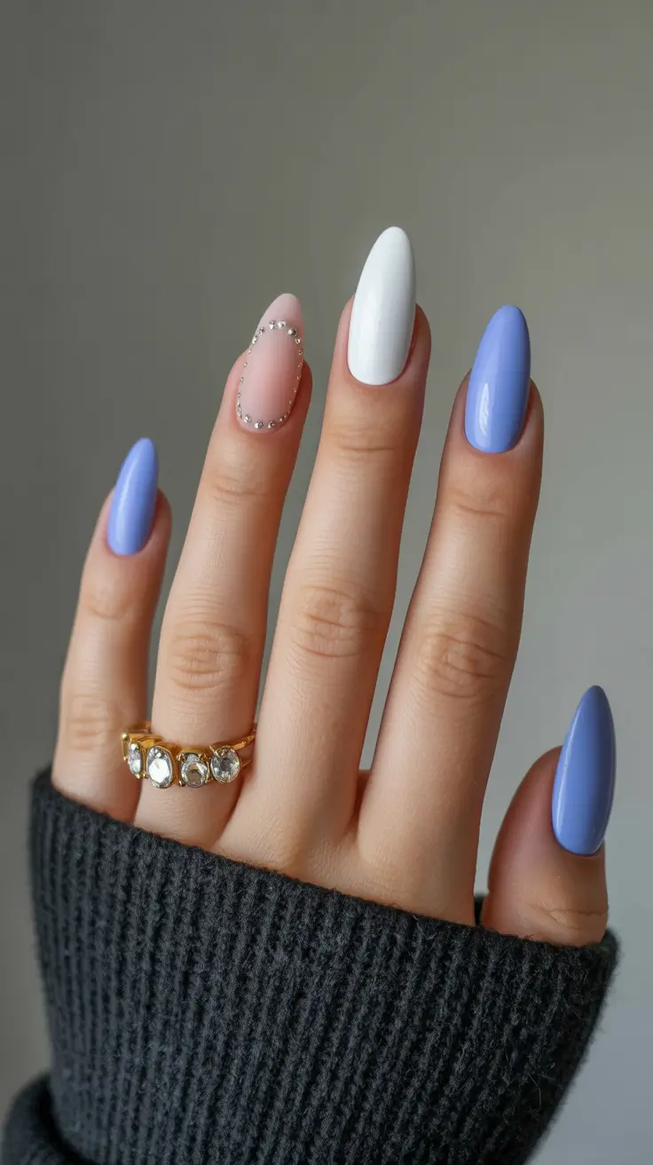 spring nail inspo Lavender and White Almond Nails With a Crystal Outline Accent