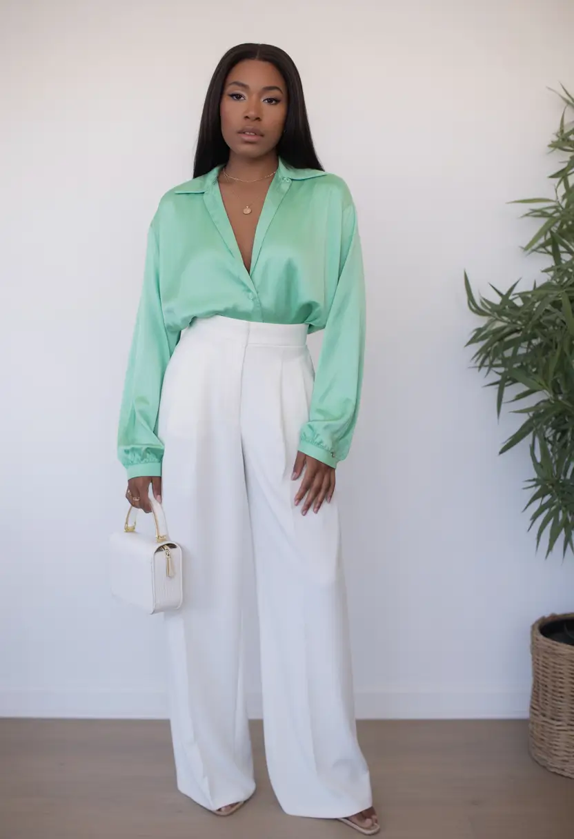 spring outfits black women Mint Satin and White Wide-Leg Pants for a Fresh 2026 Mood