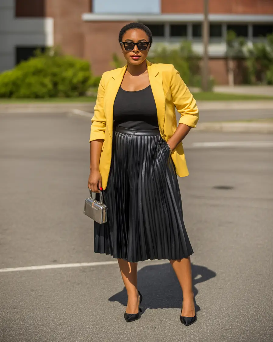 spring outfits black women Yellow Blazer and Pleated Midi for Sunny Spring Confidence