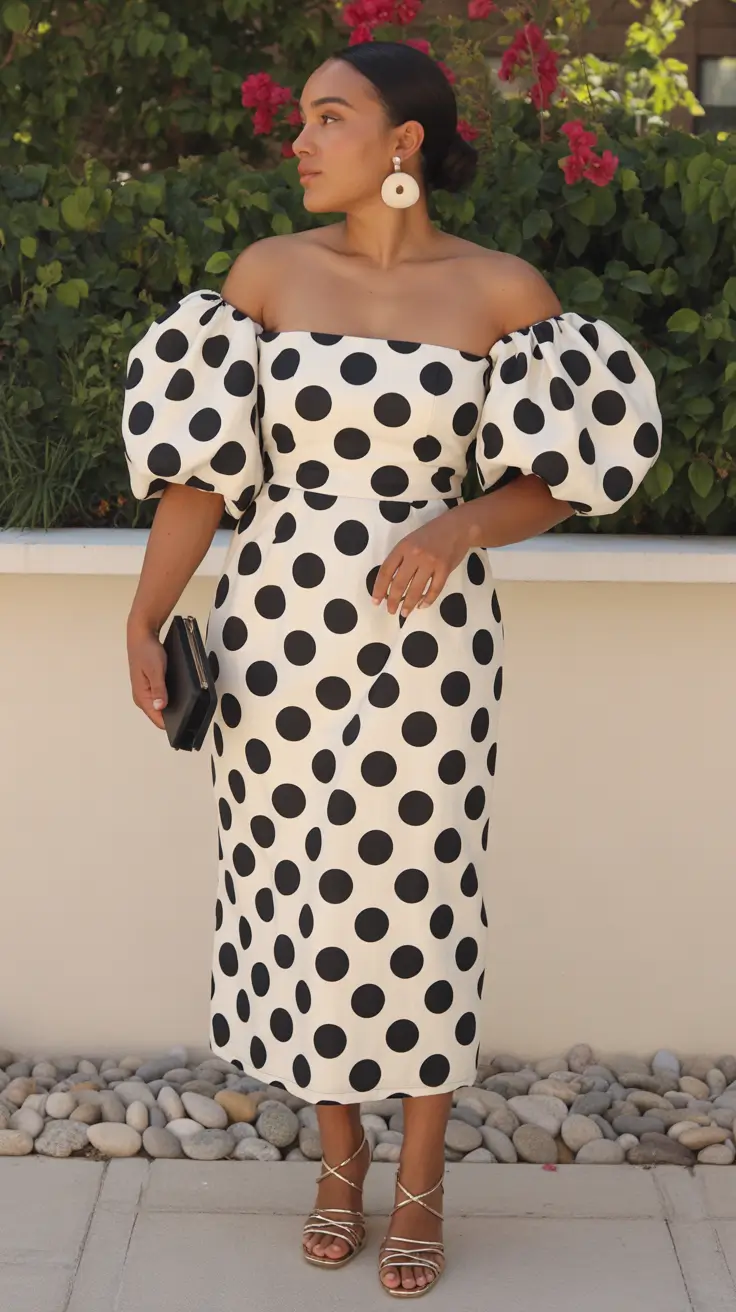spring outfits black women Polka Dot Puff-Sleeve Dress for Classic Feminine Elegance