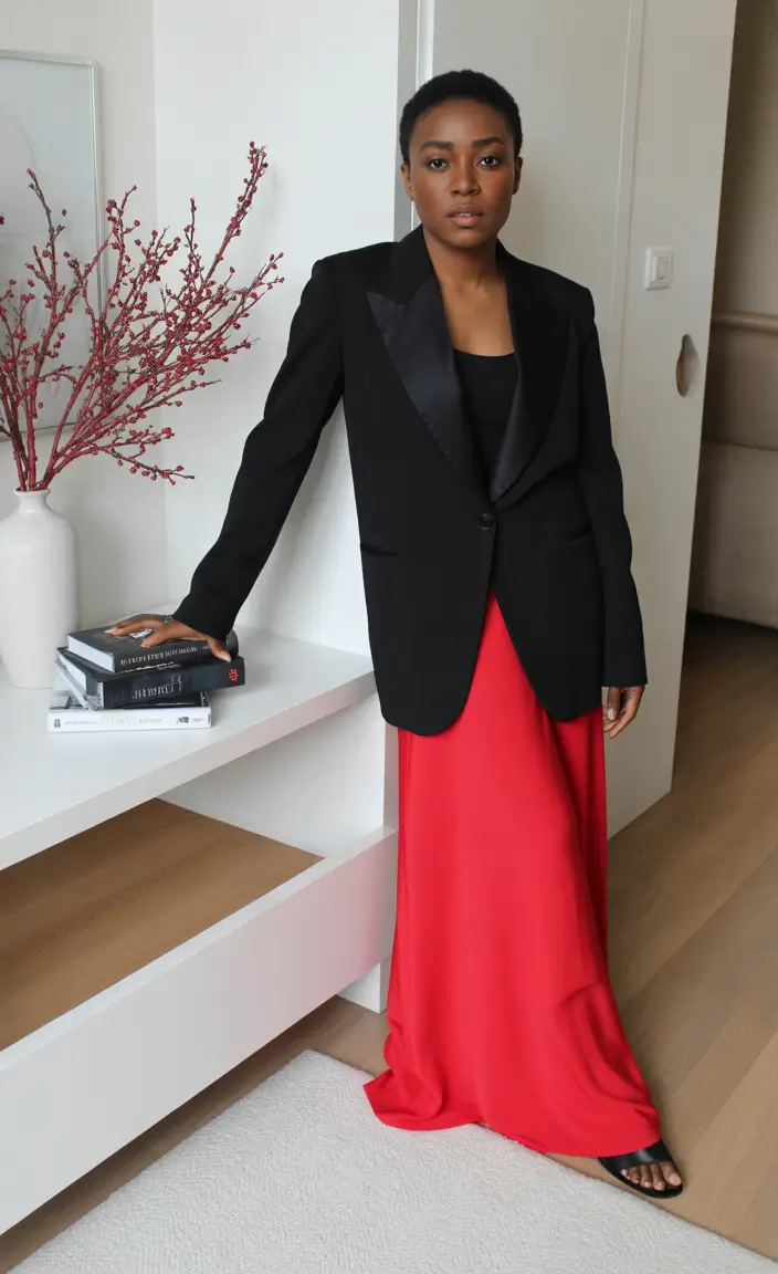 spring outfits black women Black Blazer Meets Fluid Red Elegance