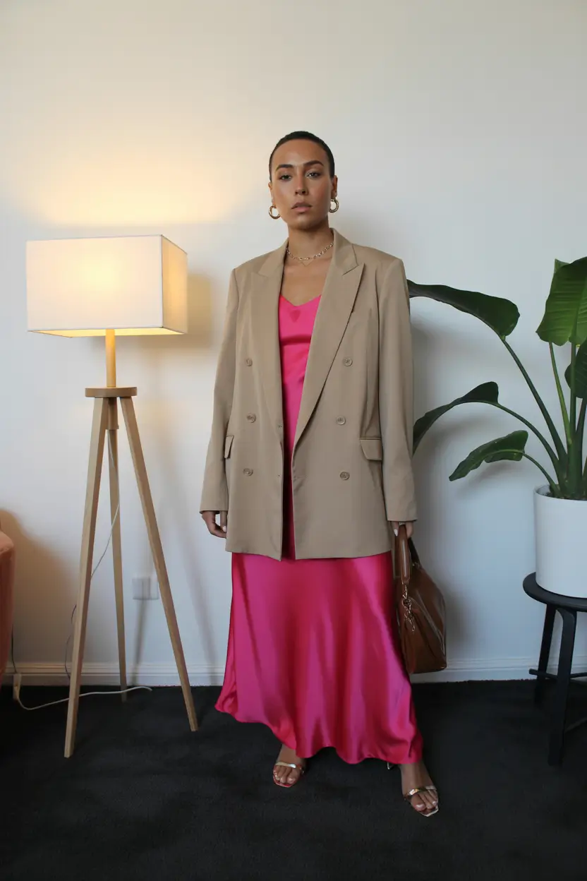spring outfits black women Neutral Layers With a Pop of Pink