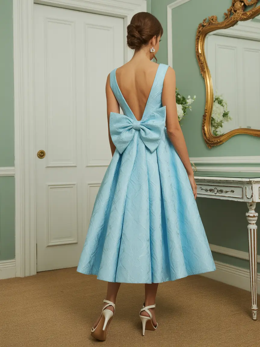 spring wedding guest outfit The Sky-Blue Bow-Back Dress That’s Sweet, Sculptural, and Very 2026