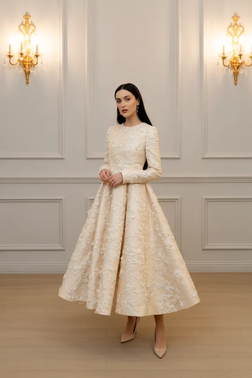 spring wedding guest outfit The Long-Sleeve Brocade Dress That Feels Like Old Money Elegance