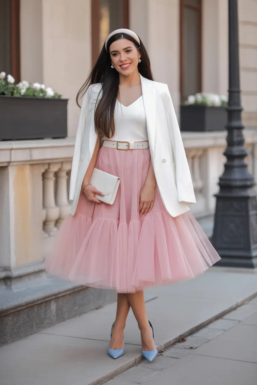 spring wedding guest outfit The White Blazer and Pink Tulle Skirt Combo That’s Sweet, Sharp, and So 2026