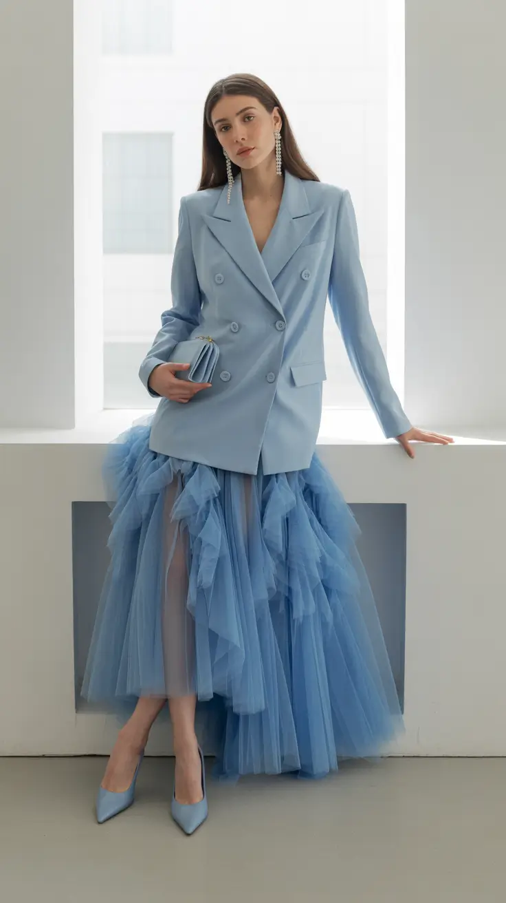 spring wedding guest outfit The Blue Blazer and Tulle Skirt Look That Feels Like High Fashion (But Still Wearable)
