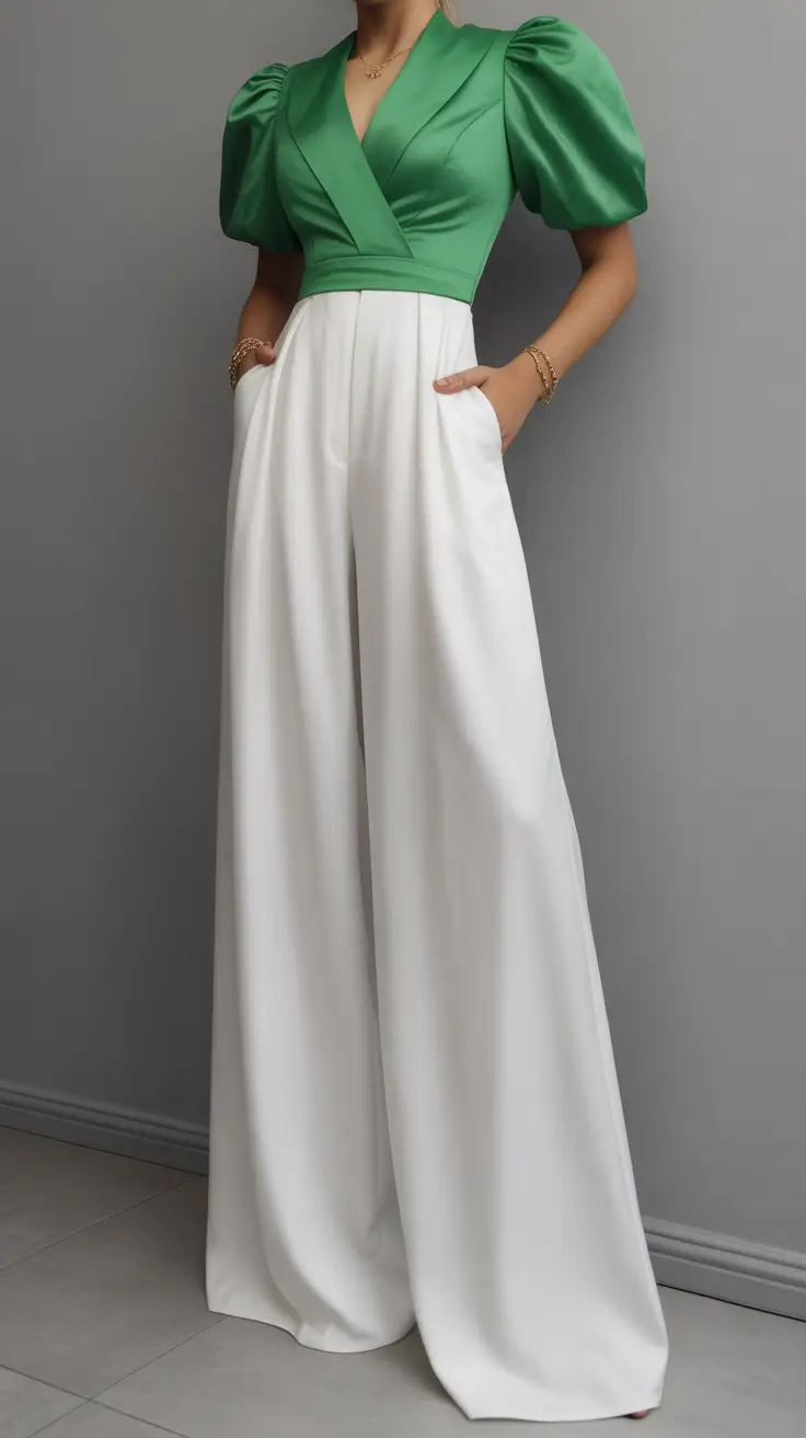 spring wedding guest outfit The Green Top and White Wide-Leg Pants Look That’s Fresh, Modern, and So Chic