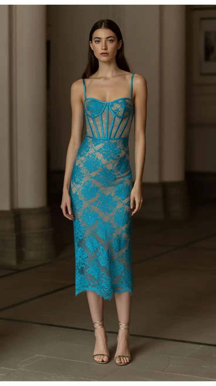 spring wedding guest outfit The Turquoise Lace Corset Dress That’s Equal Parts Romantic and Bold