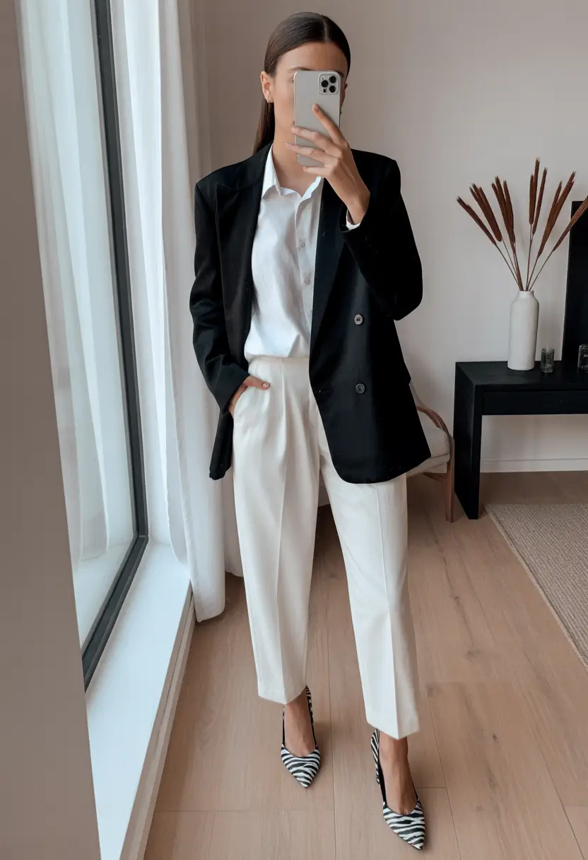 spring work outfits Classic Contrast for Timeless Office Chic