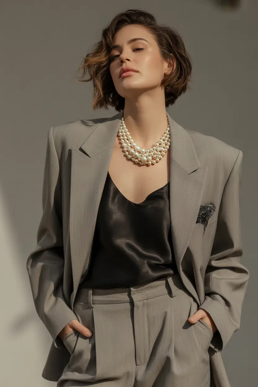 spring work outfits Grey Suiting with Pearls and a Satin Edge