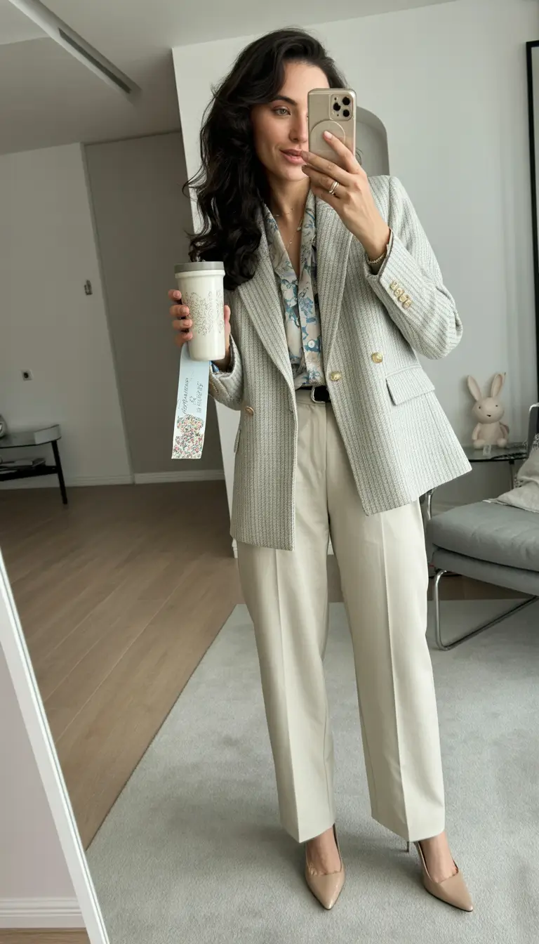 spring work outfits Tweed Blazer and Cream Pants for Quiet Luxury Energy