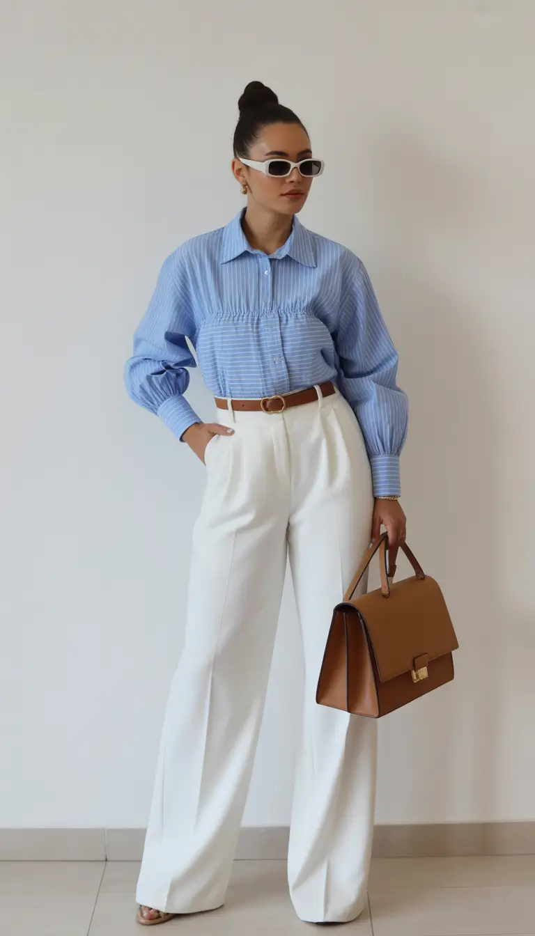spring work outfits Blue Stripes and Wide-Leg Trousers for Modern Business Casual