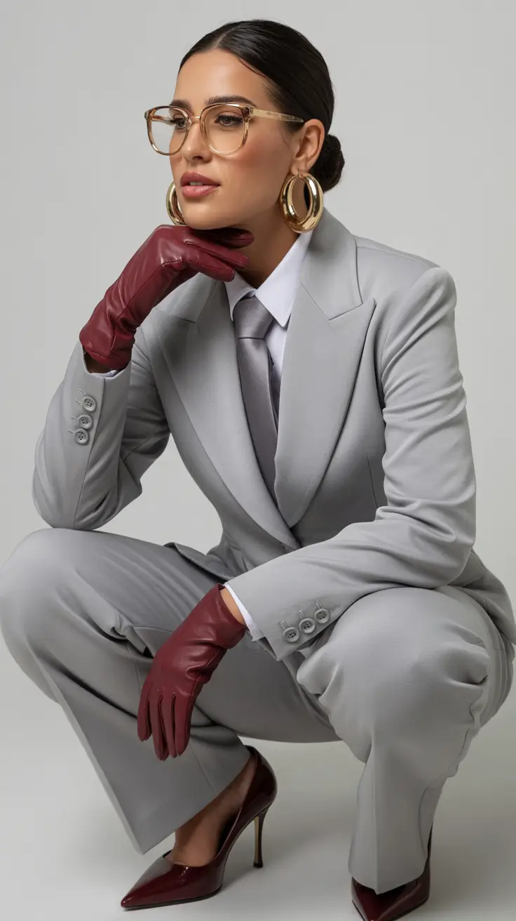 Spring Workwear Grey Power Suiting with Burgundy Accessories for Sharp Spring Confidence