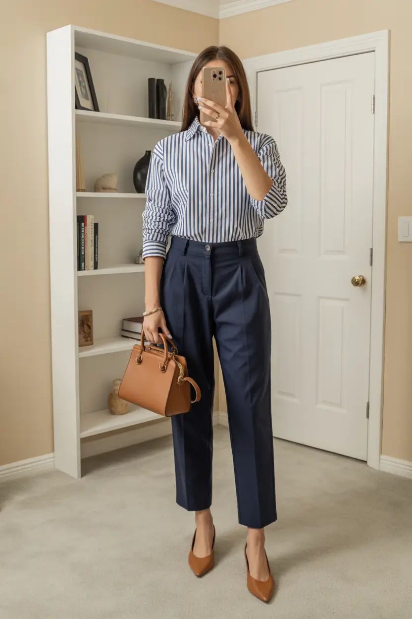 Spring Workwear Striped Shirt and Navy Trousers for Effortless Spring Business Casual