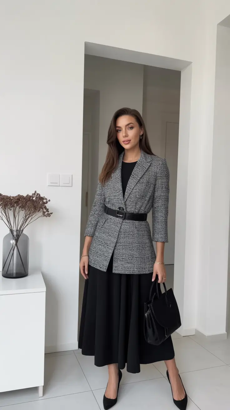 Spring Workwear Textured Grey Belted Blazer Over a Flowing Skirt for Elegant Modest Style
