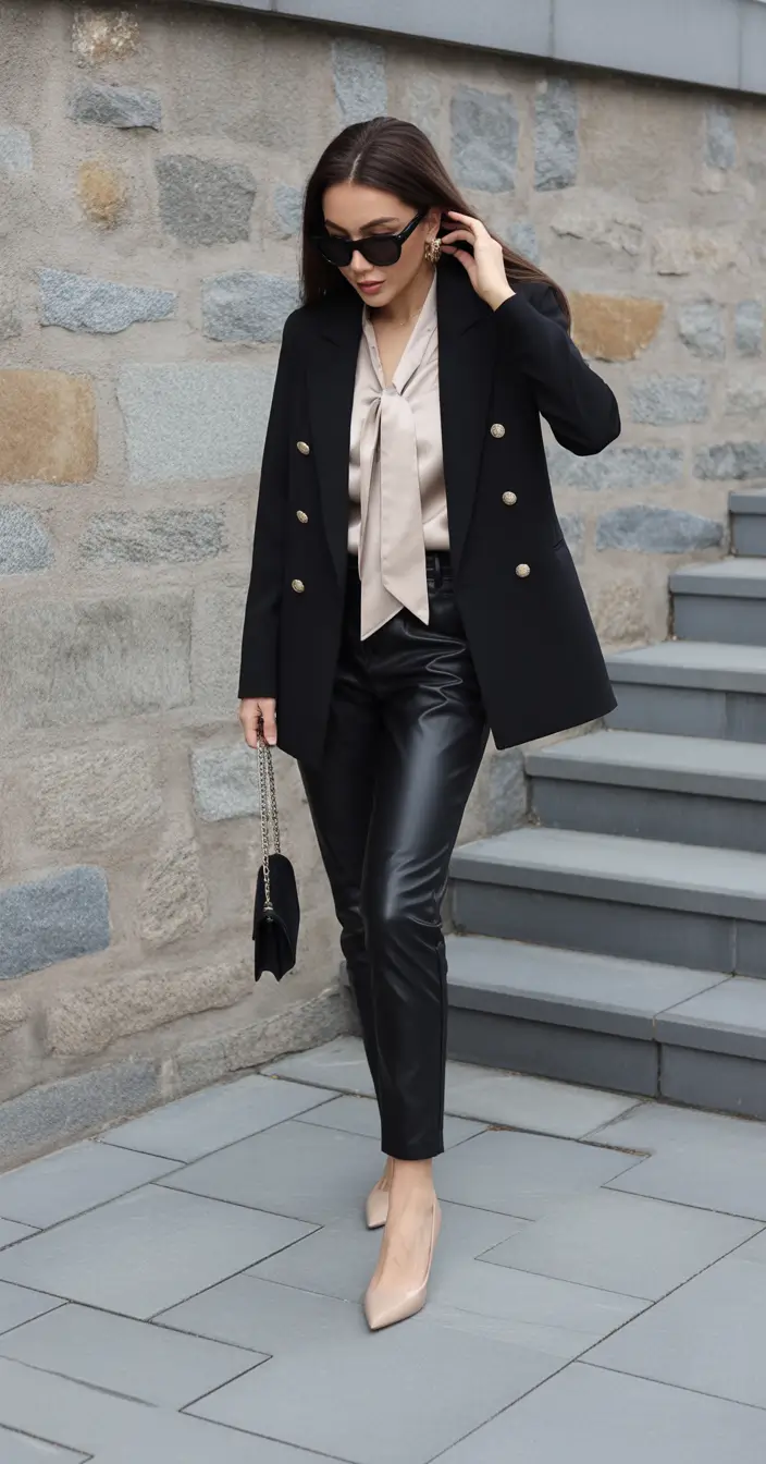 Spring Workwear Black and Satin Pairing with Leather Trousers for Modern Business Cool