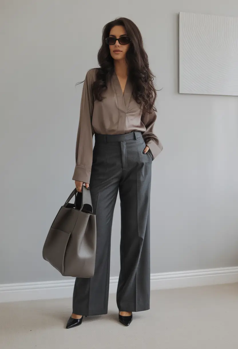 Spring Workwear Silky Taupe Blouse and Wide Grey Trousers for Effortless Spring Business Casual