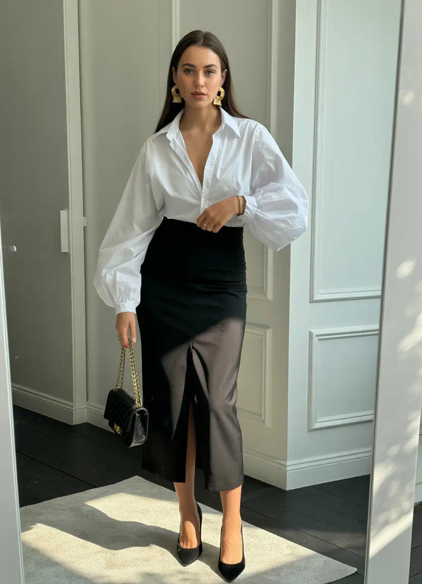 Spring Workwear Statement Sleeves and Sleek Black Skirting for Effortless Power Style