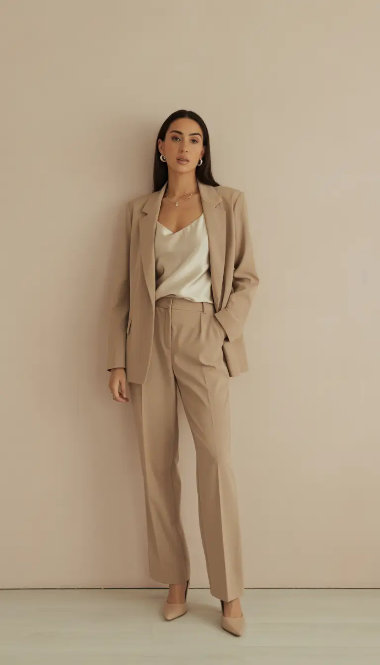 Spring Workwear Neutral Satin Layers for Effortless Modest Spring Business Style