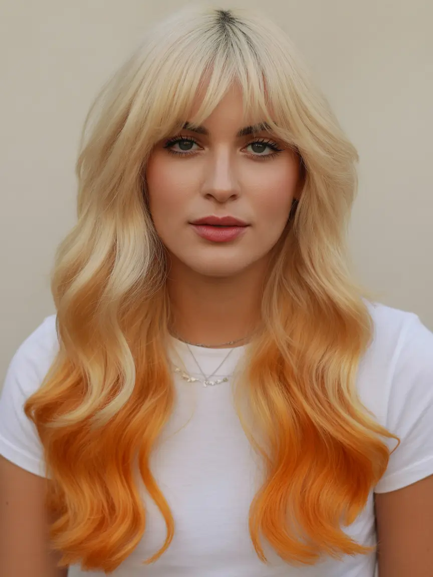 spring hair color for brown skin Vanilla Blonde Melt With Tangerine Ends