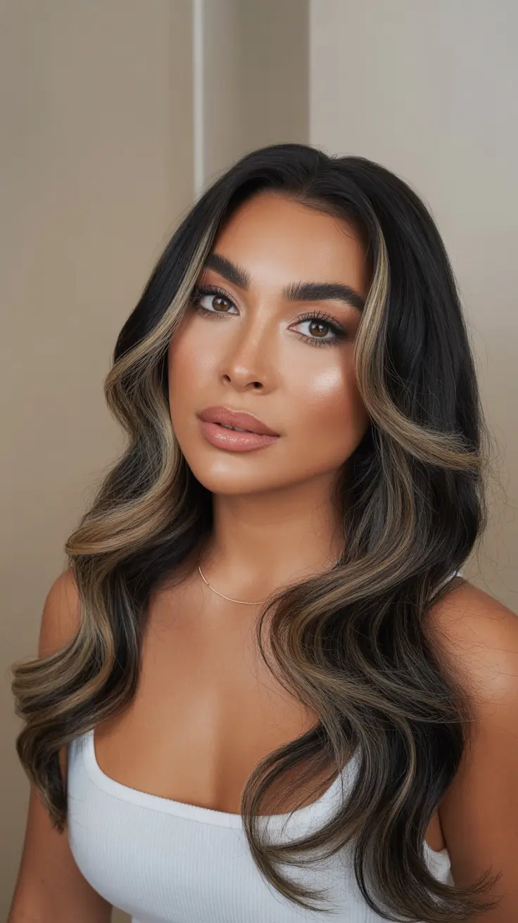 spring hair color for brown skin Mocha Brunette With Soft Blonde Contour Highlights
