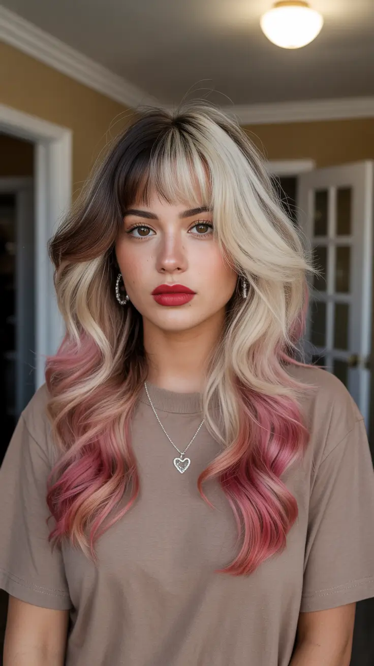 spring hair color for brown skin Two-Tone Blonde And Brunette With Rosy Ends