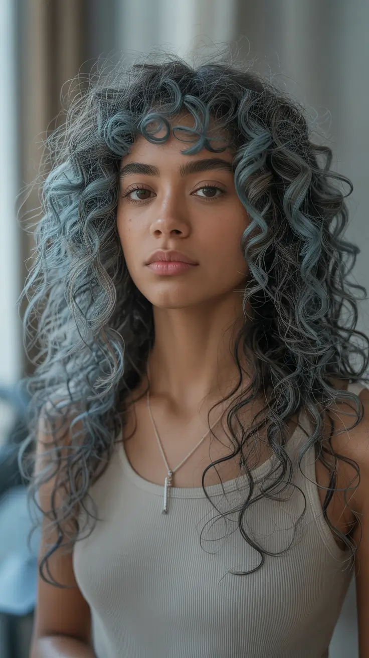 spring hair color for brown skin Steel Blue Curls With Stormy Dimension