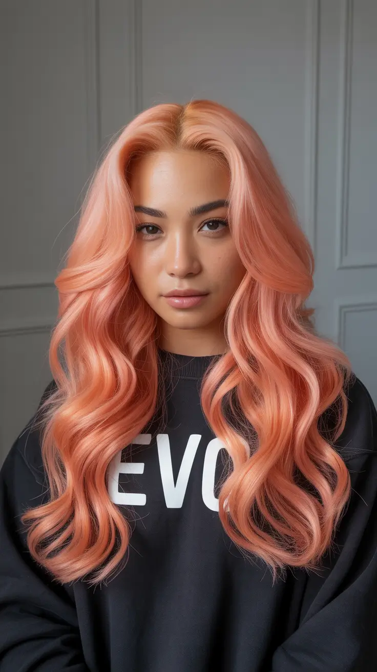spring hair color for brown skin Peach Sorbet Waves With Cozy Streetwear Styling