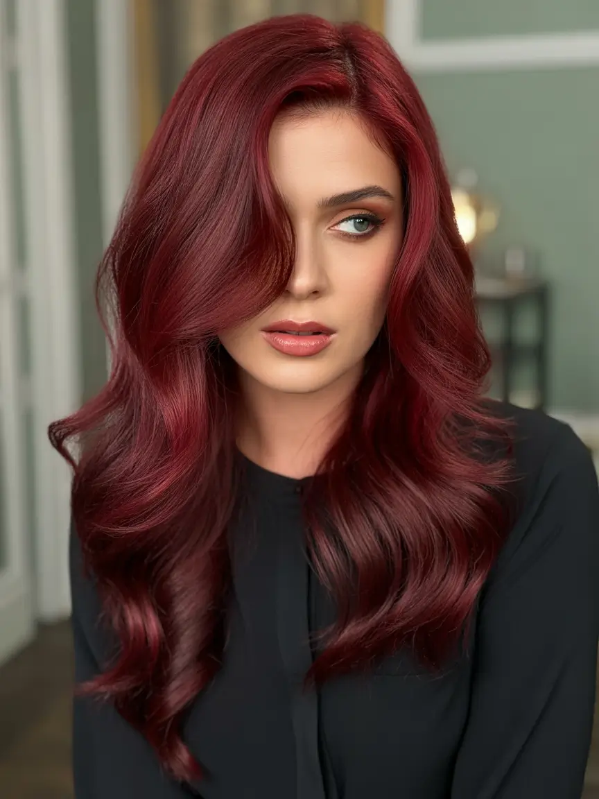 spring hair color for brown skin Deep Red Wine Waves With Classic Power