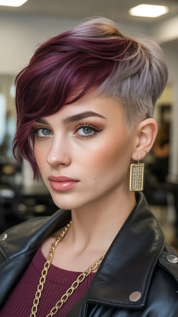 spring hair color for brown skin Plum And Smoke Undercut With Edge