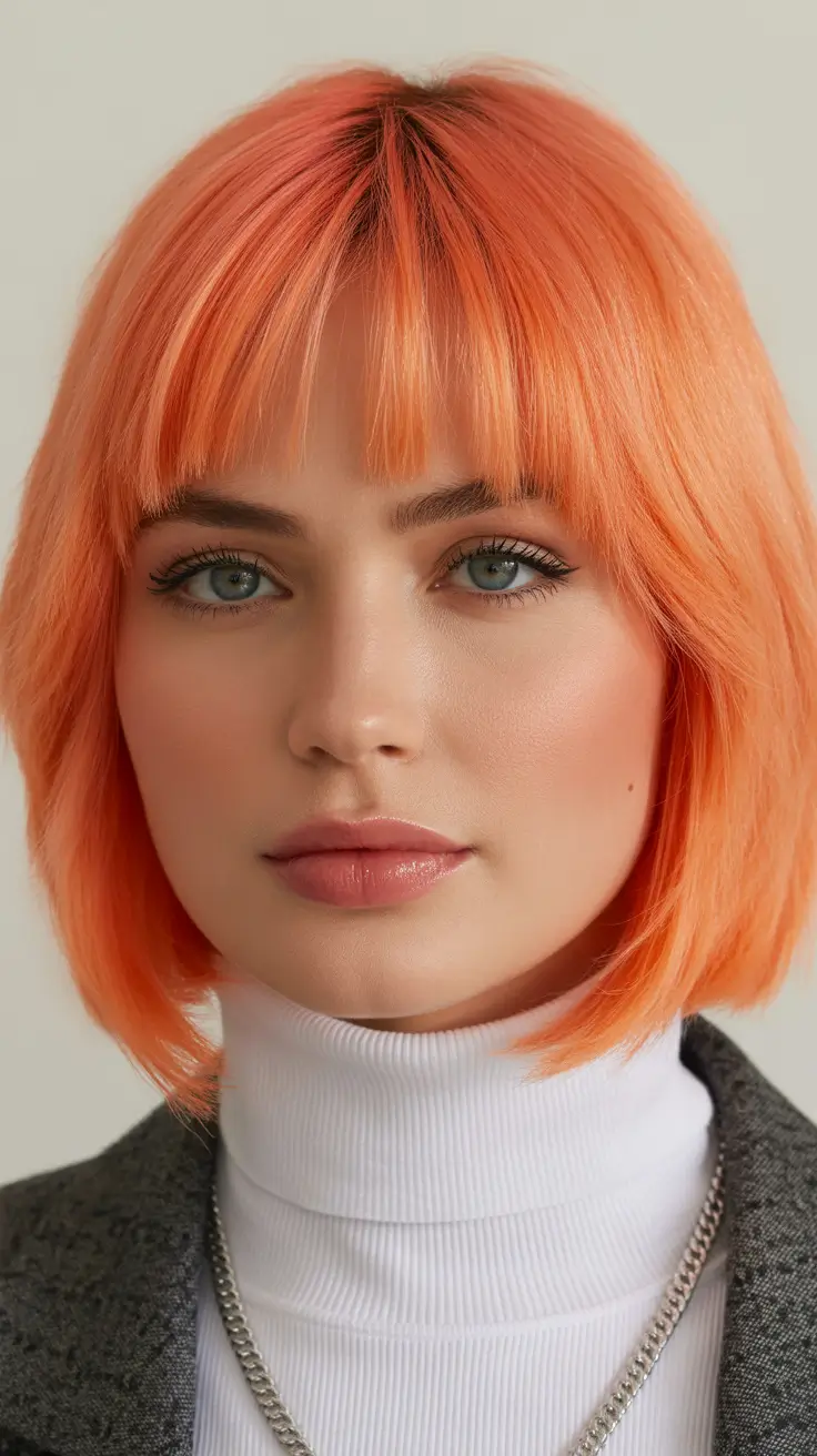 spring hair color for brown skin Peachy Bob With Graphic Bangs